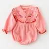 Spring Kids Girl Ruffled Collar Rompers Infant Baby born Cherry Embroidery Clothes 210429