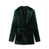 Femmes élégantes vert foncé velours Blazers mode dames ceintures croix manteaux Streetwear femme Chic poche vestes 210527
