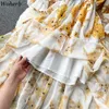 Женские платье сладкие оборки с плеча Vestidos Mujer Корейский тонкий талии халат нерегулярные цветочные шифоновые платья для праздников 210519