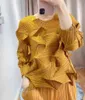 Bahar ve Yaz Kadın Düzensiz Tasarım Tops Miyak Fold Avrupa İstasyonu Gevşek Kapak Göbek Büyük Boyu Ince T-shirttied 789 210330