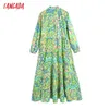 Tangada Women Green Printed Loose Long Dress Vintage Three Quarter Sleeve Button-up Female Dresses Vestidos BE791 210609