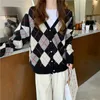 الحياكة النسائية المحملات النسائية عتيقة V-Neck England Plaid Long Sleeve Women Cardigan 2022 Autumn Winter Single Sned Sweater Female