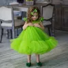 Brilhante Verde Flor Menina Tutu Vestido 2022 Mangas de Ruffle Comprimento do Chá Princesa Bebés Meninas Pageant Vestidos Puffy Primeiro Comunhão Aniversário Formal Party Wear Zipper