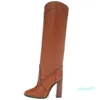 Stivali con tacco alto da donna in rilievo Cucito Designer di marca Scarpe con tacco grosso Stivali lunghi in pelle microfibra Stivali alti al ginocchio Botas Mujer