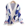 V-hals Knit Oversize Vrouwelijke vest Winter Argyle Single-Breasted Dames Trui Jas Herfst Losse Knit Cardigan Jacket 211215