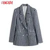 Women Elegant Double Breasted Plaid Tweed Blazer Coat Vintage Long Sleeve Pockets Office Lady Outerwear BE613 210416