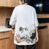 男性ヒップホップTシャツストリートウェアプリント蓮の葉絵画Tシャート半袖コットン夏原宿Tシャツジャパンピンクティー210527