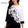 Jocoo Jolee Shirt Women Spring Summer Print Blouse 3/4 Sleeve Casual Irregular Hem Block Color Tops Female Plus Size 5XL 210619