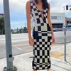 Plaid Printed Cut Out Y2k Knit Long Dress Women Summer V Neck Backless Bodycon Tank Sundress Casual Party Dresses Beachwear 210510