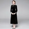 Herbst Winter Elegante Schwarze Samt Kleider frauen Bogen Hülse Vintage Hohe Taille Gefaltete Lange Kleid Vestidos Robe 210416