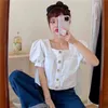 Ezgaga chique mulheres blusa fina sopro de manga curta verão novo vintage quadrado colarinho coreano moda colheita tops único-breasted casual 210430