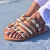 Rhinestone Metal Clip Toe Sandals Women 2021 Summer Starry Flat Fashion Roman Ladies Vintage Boho Pearl Shoes D30