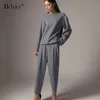 Bclout gris bureau dame 2 pièces ensembles femmes deux pièces ensemble chemise décontractée haut et taille haute pantalons longs automne hiver 2020 nouveau Y0625