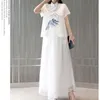 夏の刺繍のシャツ+パンツQipaoスーツのための現代中国の服伝統的なマンダリンカラーチャイナ山トップパンツセットx0428