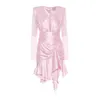 Robe rose élégante pour femmes col en V à manches longues taille haute sexy mince froncé ourlet asymétrique mini robes mode féminine 210531