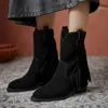 Meotina Cow Suede High Heel Mid Calf Stövlar Kvinnor Skor Fringe Real Läder Chunky Heels Zip Ladies Stövlar Höst Vinter Brun 42 210520