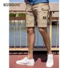 KUEGOU100% katoenen kleding heren shorts safari stijl hoge kwaliteit casual broek zomer mode grote zak abrikoos 29013 H1210