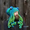 Beanies Knit Octopus Hats Beard Hand Weave Wool Christmas Cosplay Party Funny Tricky Headwear Warm Winter Beanie