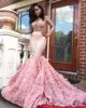 Underbara Rosa Långärmad Prom Klänningar Sexig Se igenom Långärmad Öppna Back Mermaid Evening Gowns Sydafrikanska Formella Party Dreuins