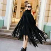 Spring Autumn Black Jacket Women Loose Tassels Turtleneck Long Sleeve Cape Coat Fashion Plus Size Ponchos 211029