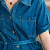 Johnature vrouwen denim shirt jurken turn-down kraag korte mouw vintage kleding zomer blauwe knop riem casual jurk 210521