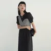 [EAM] Women Contrast Color Jcaquard Midi Dress Round Neck Short Sleeve Loose Fit Fashion Spring Summer 1DD5830 210512