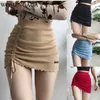 Oregelbunden hög midja elastisk kort kjol Tight Package Hip Side Drawcord Stickad Mini Sexig Fashion Street Justerbar BKM4 210603
