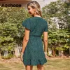 Summer Polka Dot V Neck Casual A Line Flare Short Sleeve Elegant Wrap Mini Dress Ruffles Sundress Vestidos 210413