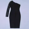 Zarif Bandaj Elbise Kadınlar Siyah Bir Omuz Boncuk Parti Kulübü Uzun Kollu Bayanlar Giysi Sonbahar Elbiseler 210515