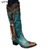 Boots Lithing Boho Kvinnor Knä High Fashion Chaussure Booties Mid Heels Vintage PU Leather Retro Tassels Skor