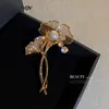 Pins, Brooches Ropuhov 2021 S925 Silvery Needle Woman Korean Zircon Pearl Ginkgo Leaf Brooch Fan-shaped Micro Inlaid Accessories