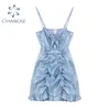 Summer Sexy Elegant Strap Dress Women Sweet Sleeveless Ruffles Party Mini Dresses Lady Hollow Out Heart Shape Beach Slip Vestiod 210417