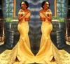 African Nigerian Yellow Mermaid Fromal Evening Dresses 2022 Off Shoulder Lace Sequins Crystals Beaded Satin Arabic Prom Dress Plus Size Special Occasion Gowns