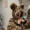 Caldo cappotto di pelliccia in inverno Lovely Girl Leopard Print Rabbit Ears Vintage Hooded Faux s Thick Outwears 210510