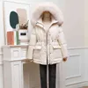 Winter Women Grube Ciepłe Duże Prawdziwe Futro Z Kapturem Kurtka 90% White Duck Coat Talia Chowany Parker Płaszcz 210430