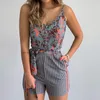 Folha Impressão Strip Spaghetti Strap amarrado Romper Mulheres Playsuits Sem Mangas Verão Casual Macacões Macacões 210521