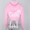 Frauen Hoodies Herbst Langarm Crop Tops Casual Mit Kapuze CUTE Lip Gedruckt Sweatshirts Rosa Moletom Feminino 210518