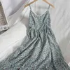 Vintage süßes florales Spitzenkleid koreanischer Druck V-Ausschnitt Hosenträger für Frauen Sommerstil lässiger Strand sanfte Frau 210420