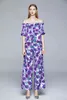 Fashion Violet Flower Print Suit Women Off Shoulder Floral Chiffon Blouses + Elastic Waist Wide-Leg Pant Loose Trouser Set 210416