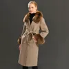 Design Wool Płaszcz Wiosna Real Fox Fur Collar Woolen Kurtka Regulowana Talia Slim Ladies Długi płaszcz