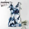 Sexig strand sommar slips färgämne print mini dress spaghetti rem backless lady party klänningar sundresses vestidos mujer 210413