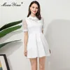 Projektant mody Lato krótka biała sukienka damska stojak kołnierz wspaniały frezowanie eleganckie party mini vestidos 210524