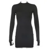 Czarny Mock Neck z długim rękawem Podstawowe Mini Sukienki Dla Kobiet Casual Stretch Bodycon Lady Krótka Płaszcza Ołówek Sexy Dress Vintage 210415