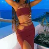 Temperament Vacation Wear Sexy Matching 2 Pcs Sets Summer Off-shoulder Tank Top + Hollow Out Maix Skirt Lace-up Outfits 2 Colors 210517