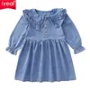 Iyeal Baby Meisjes Kid Denim Borduurwerk Peter Pan Collar Lange Mouw Jurken Peuter Baby Kids Meisjes Kleding voor 3-12 jaar 210331