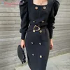 Aelegantmis Korean Casual Double Breasted Sashes Black Dress Women with Belt Puff Sleeves Office Lady Female Elegant 210607