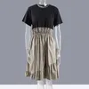 [EAM] Women Khaki Pleated Spliced Ruffle Dress Round Neck Short Sleeve Loose Fit Fashion Spring Summer 1DD8150 210512