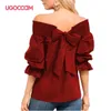 UGOCCAM Frauen Weg Schulter T-shirt Laterne Hülse Rüschen Sexy Sommer Weiß Casual Plus Größe Top blusas de mujer 210623