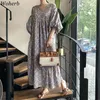 Boho Bohemia Vestidos Sommarkluk Kvinnor Vintage Tryck Lantern Sleeve Robe Kvinna Lösa Långa Klänningar Koreanska Chic 210519