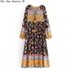 Style de vacances imprimé floral couleur correspondant col multicolore à lacets pull robe ample boho femme jupe longue 210514